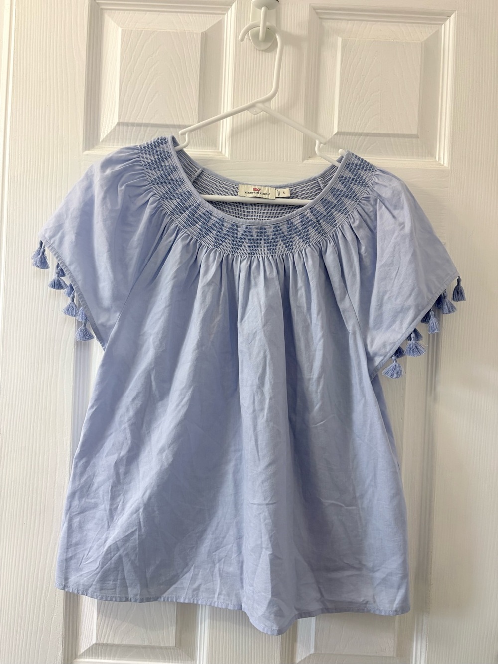 Vineyard Vines Light Blue Tassel-Trim Smocked Neck Top